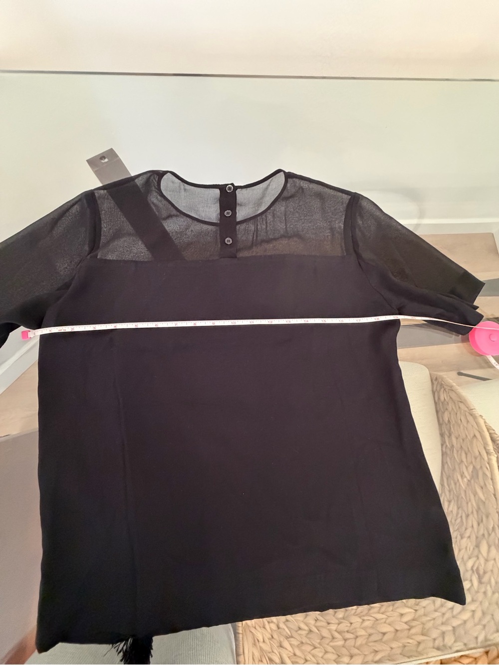 Sandro Paris Black Fringe Sheer Yoke Short Sleeve Blouse Size 2 - Picture 10 of 12